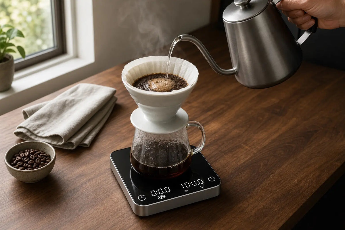 Koffieweegschaal met timer: zetten op gewicht, geen giswerk