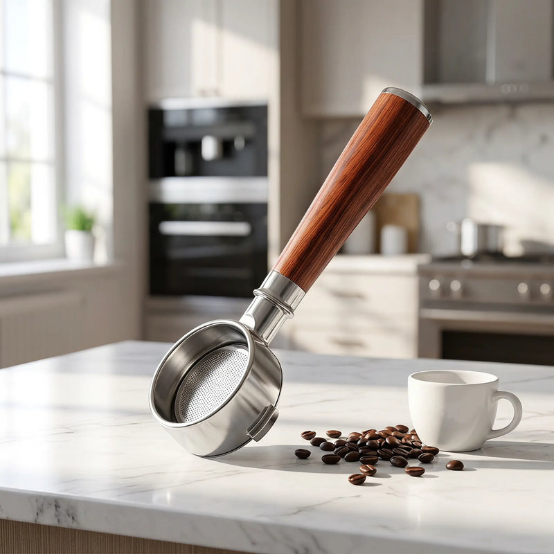 54 mm bodemloos portafilter voor Breville BES870/878/880 – houten handvat – lifestyle-opstelling