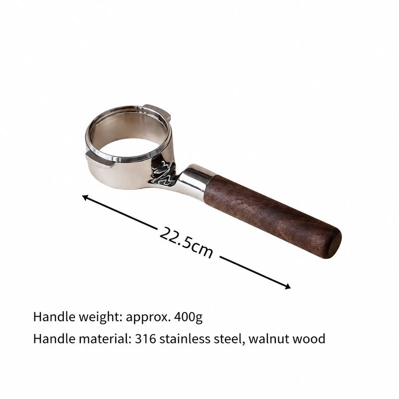 Yozcoffee Bodemloze portafilter 58 mm E61 316 roestvrij staal walnoot/zwart – afmetingen handgreep walnoot