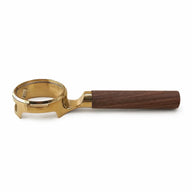 Yozcoffee E61 Bodemloze portafilter 58 mm walnoothouten handvat goud/zilver – goud walnoot zijkant