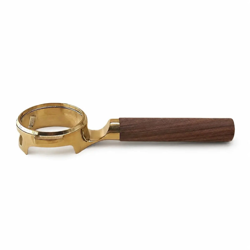 Yozcoffee E61 Bodemloze portafilter 58 mm walnoothouten handvat goud/zilver – goud walnoot zijkant