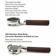 Yozcoffee E61 Bodemloze portafilter 58 mm walnoothouten handvat goud/zilver – roestvrijstalen functiekaart