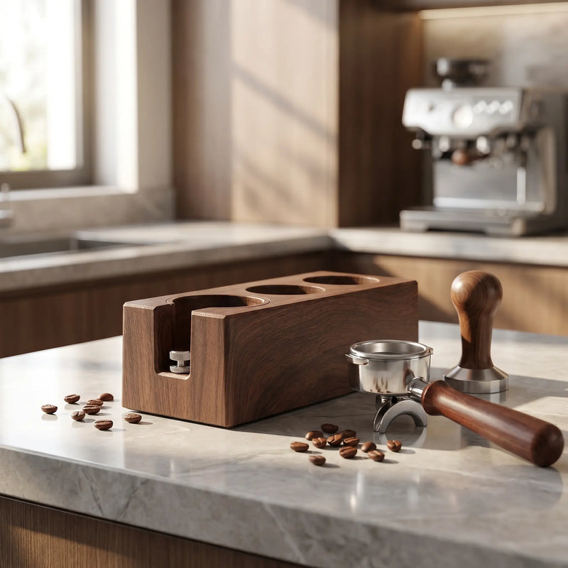 Yozcoffee Espresso Tamper Stand 51-58mm ABS Houtnerf Organizer – lifestyle kitchen