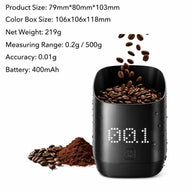 Yozcoffee Oplaadbare koffiebonenweegbeker, 0,01 g precisie – specificaties infographic