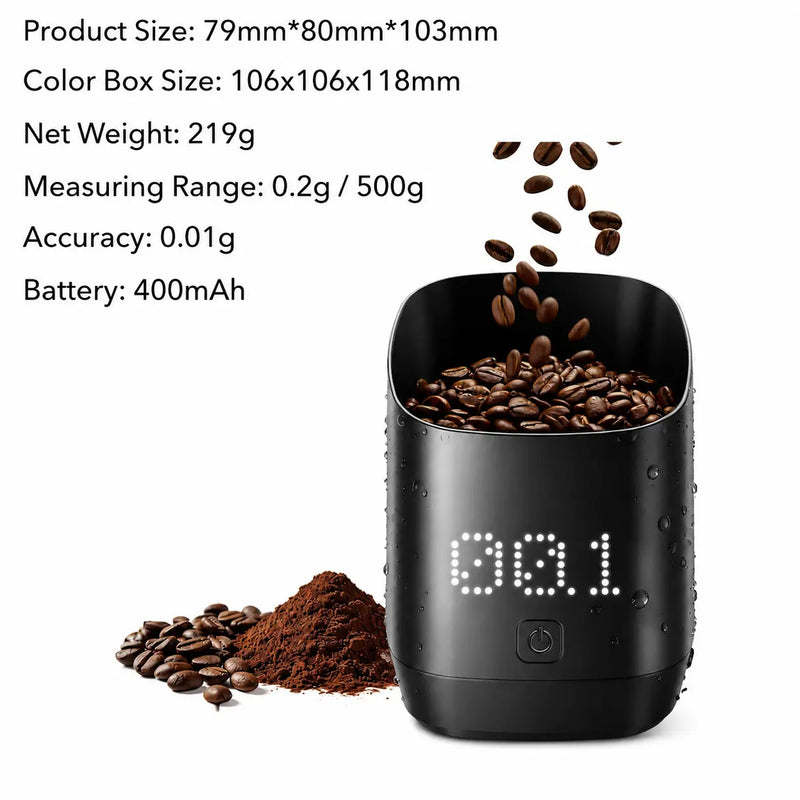 Yozcoffee Oplaadbare koffiebonenweegbeker, 0,01 g precisie – specificaties infographic