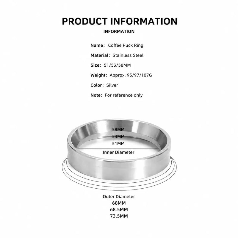 Yozcoffee Espressodoseertrechter 51/53/58mm Magnetisch RVS Zilver – maattabel 51mm 53mm 58mm