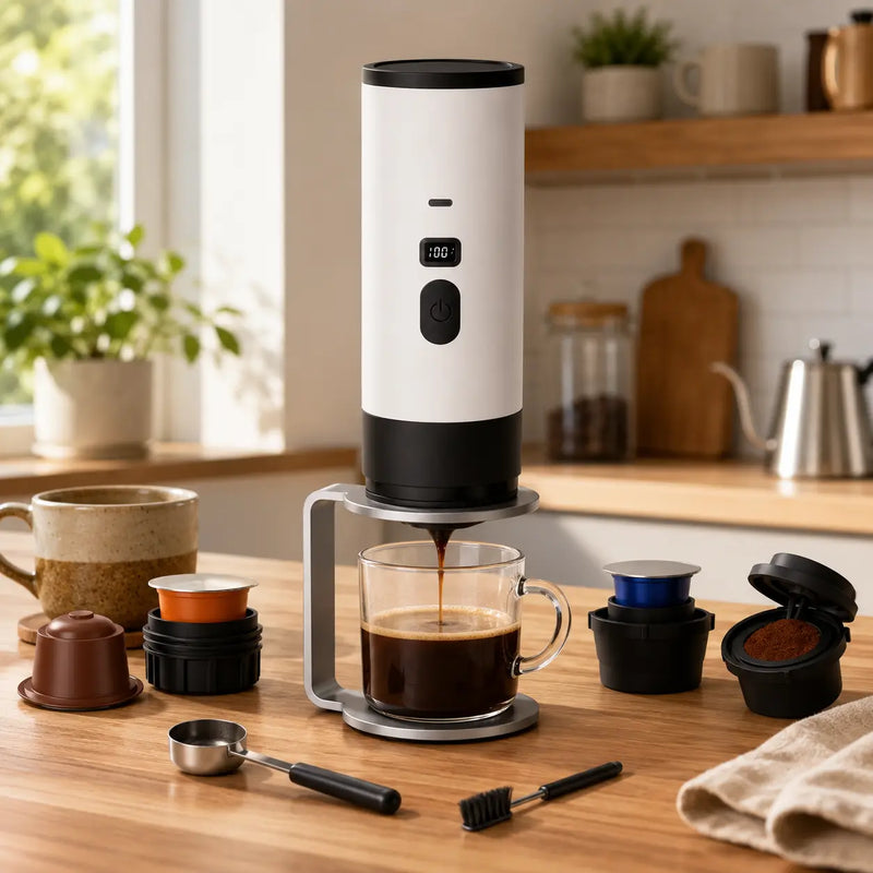 Draagbare espressomachine – Capsules en gemalen koffie, USB-C – capsules gemalen afwisselende hoek vol