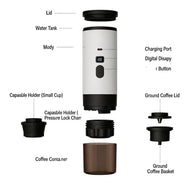 Draagbare espressomachine – Capsules en gemalen koffie, USB-C – geëxplodeerde onderdelen