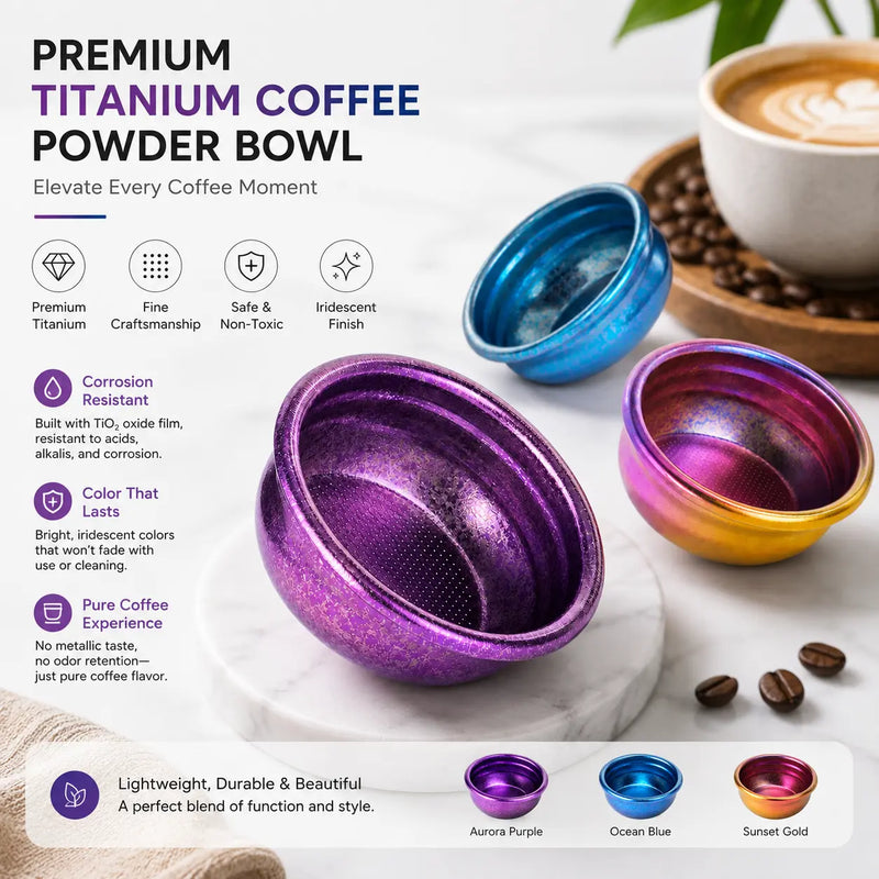 Yozcoffee Titanium espressodoseerbeker Pure titanium poederkom Iriserend – premium lifestyle-opstelling