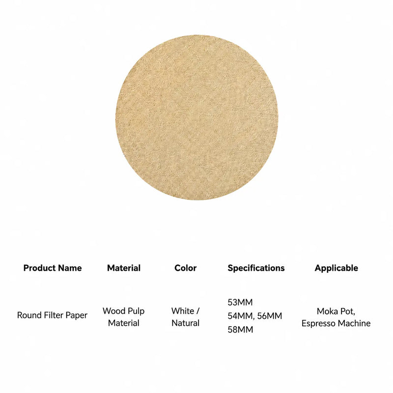 Yozcoffee Moka Pot Koffiefilterpapier 53-58mm Houtpulp 100-Pack – specificatiekaart