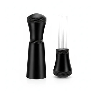 Yozcoffee WDT Espressodistributietool 7-naalds aluminiumlegering zilver/zwart – maatreferentie