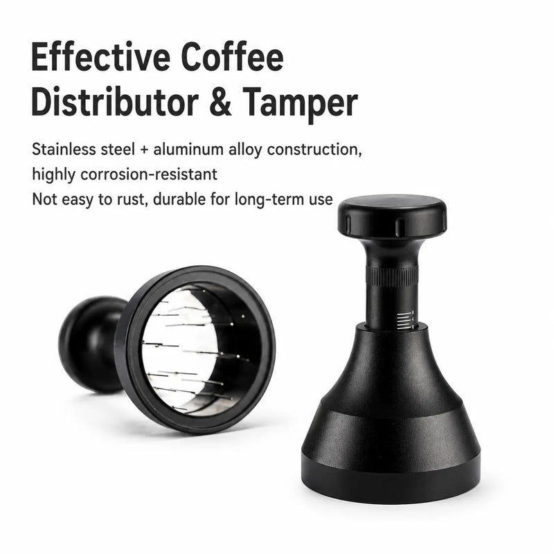 Yozcoffee WDT Espressoverdeler 51/53/58mm RVS Naaldgereedschap Zwart – verstelbare zwarte voorzijde